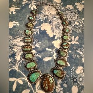 Turquoise #8 giant sterling  silver signed statement necklace squash Rodeo NFR